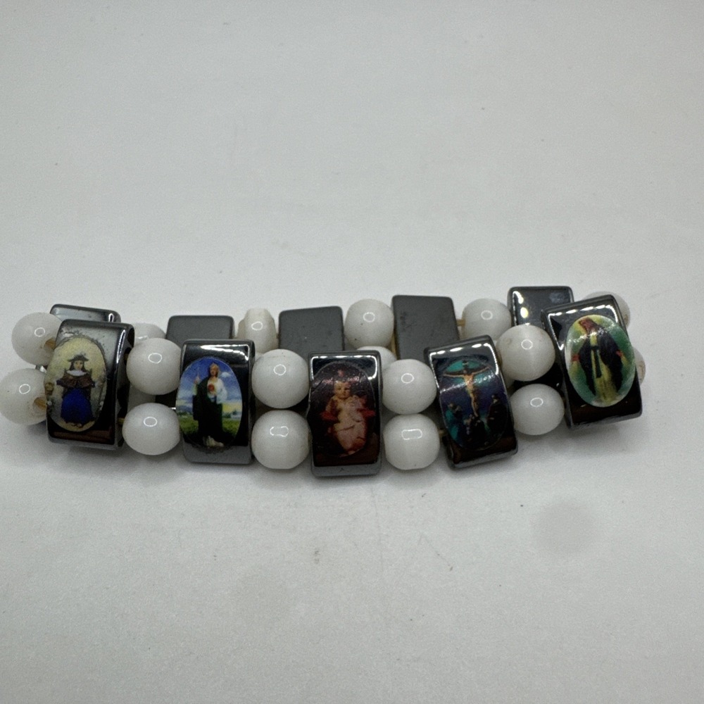 Religious Catholic Saint Icon Stretch‎ Bracelet Hematite White Bead Devotional